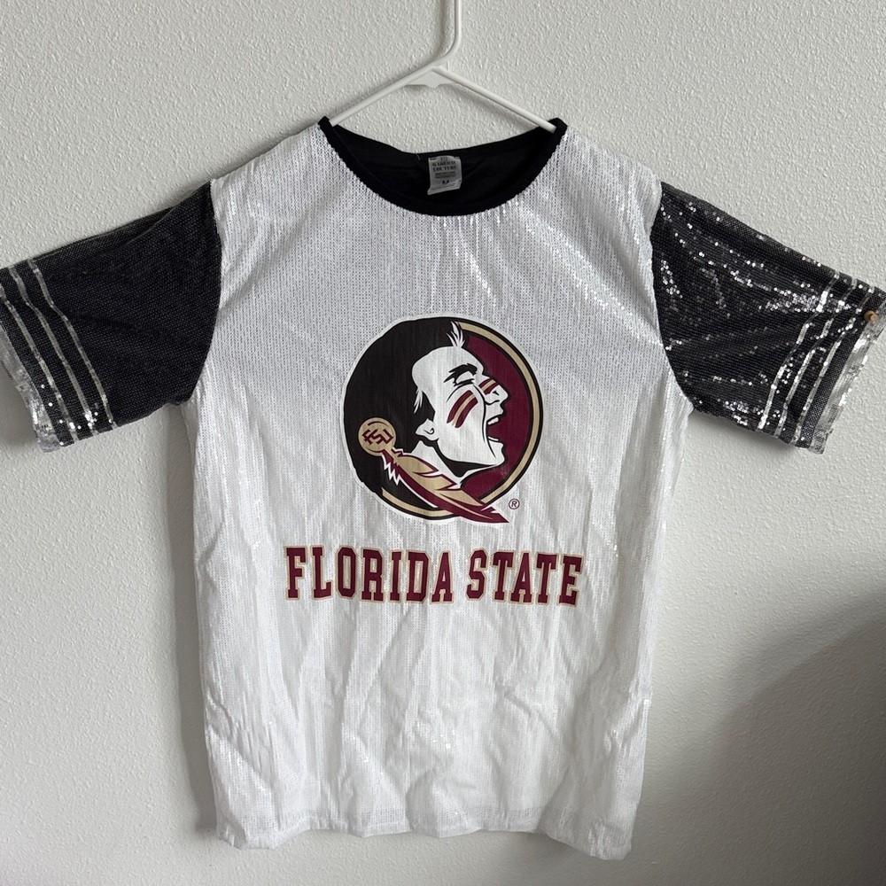 Florida State Woman Sequin Sleeve T-Shirt - White and Black